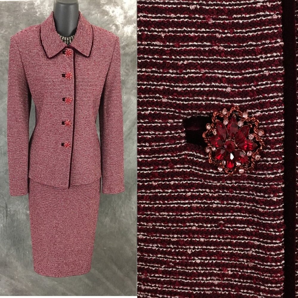 BEAUTIFUL st john collection knit red rhinestones jacket skirt suit size 8